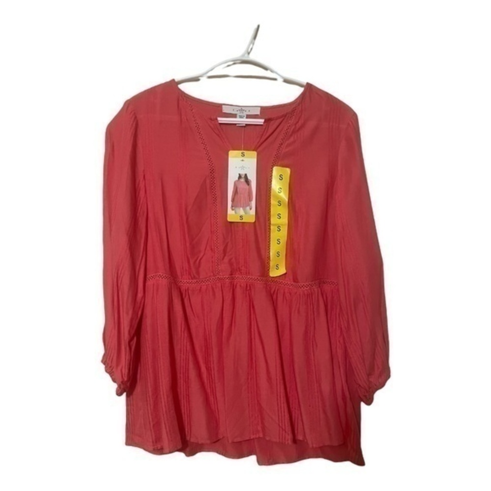 Fever Womens Coral Peasant Tunic Blouse 3/4 Sleeve Lightweight Size Small